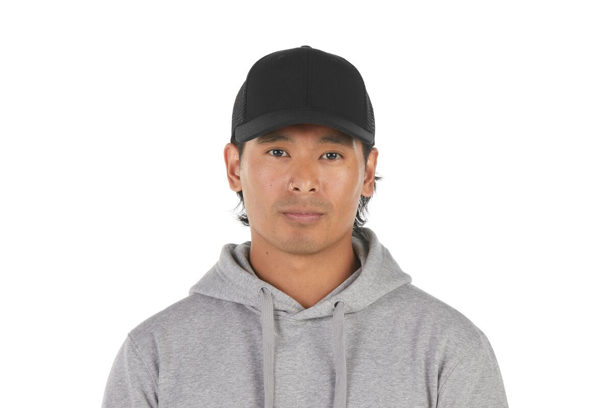 recycled-poly-low-profile-trucker-hat-e4 WebPDP-HAT002002_Recycled_Poly_Low_Profile_Trucker_Hat_Black_Studio_Harper_Studios_0723_Front__HAT002002OS.jpg